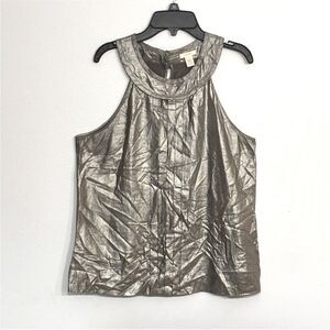 J Crew | Women’s Silver Halter Sleeveless Silk Pleated Blouse Top